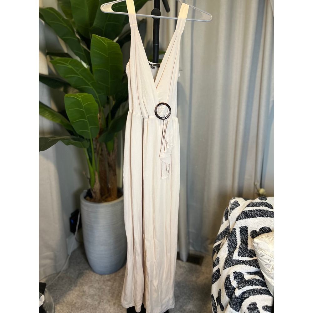 Lulus Champagne Wide Leg Jumpsuit V-Neck Tortoiseshell Ring Detail Small